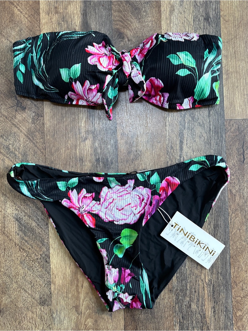 TiniBikini Black Floral Bandeau Swim Set with Pink & Green